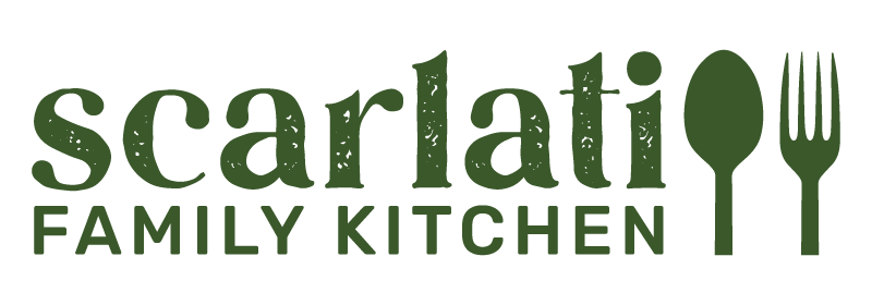 the word scarlati over the words family kitchen next to a spoon and fork.