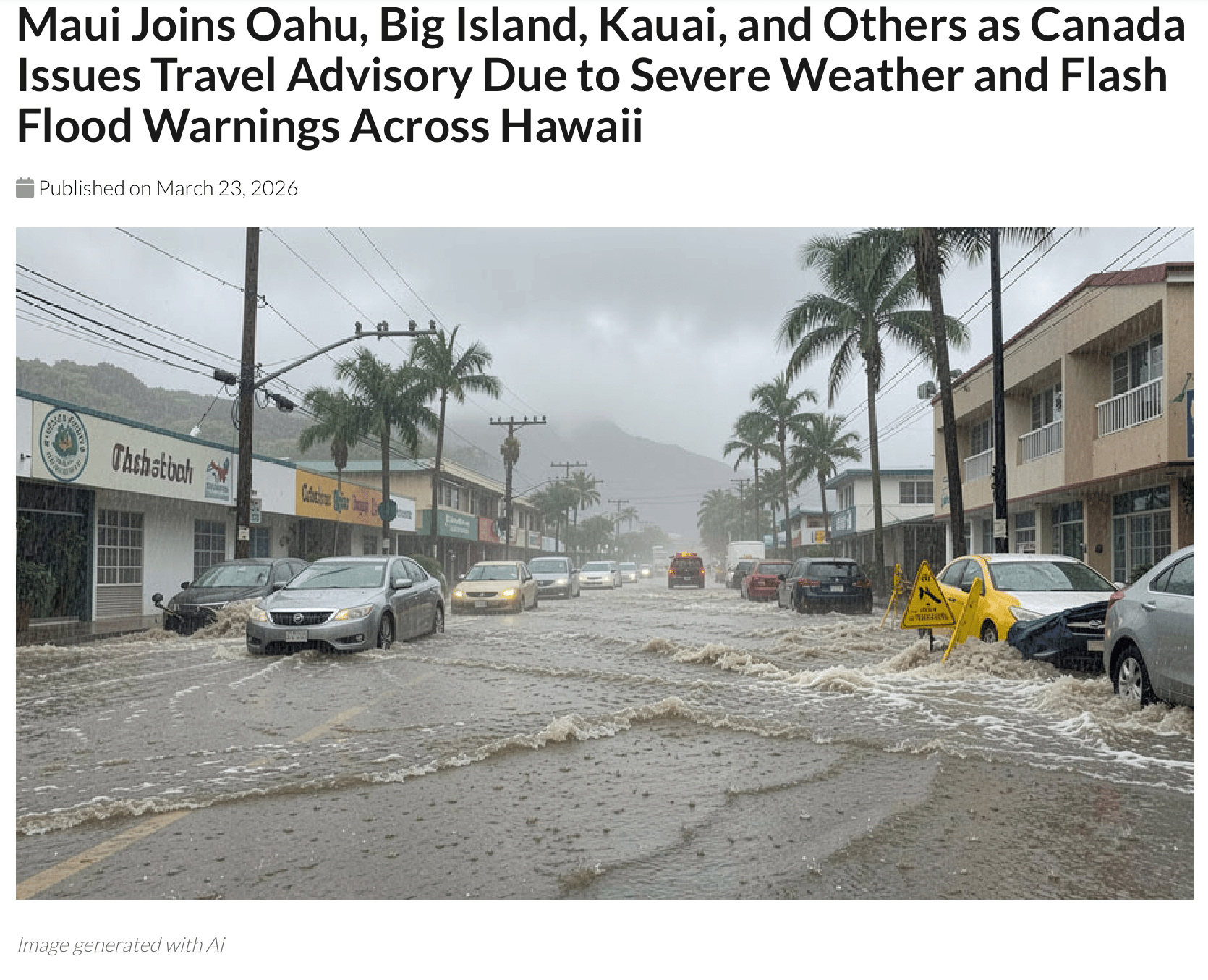 AI generated image showing flooding on a Hawaii street.