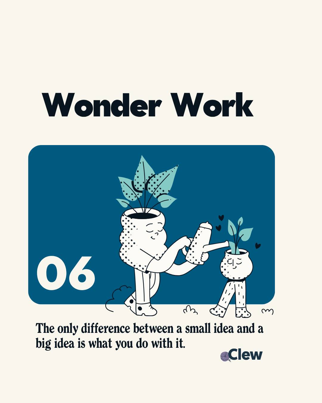 A sweet illustration on a deep teal blue background featuring two anthropomorphized plant pots with legs and faces. The larger pot character, dotted with a playful pattern, lovingly waters a smaller pot character who has heart symbols floating nearby. Bot