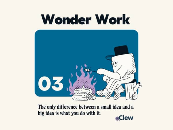 Wonder Work Issue 03 thumbnail. Features an illustrated marshmallow character sitting by a fire and roasing a s'more. The Wonder Work motto "The only difference between a big idea and a small idea is what you do with it," is above the Clew logo. 