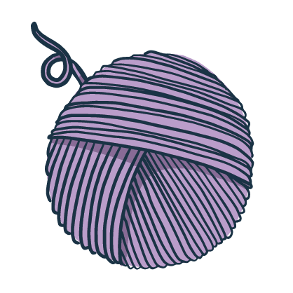 Clew brandmark: lilac colored ball of yarn with a curly tail