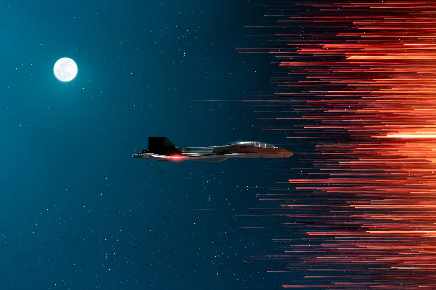 A stylized image by Ivan Diaz of a high tech jet flying into a mysterious light barrier. 