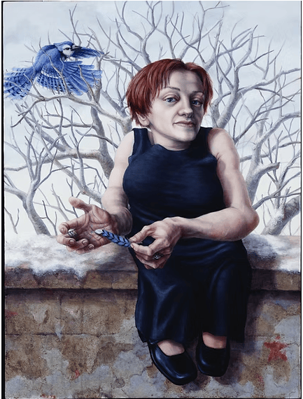 Acrylic painting of Professor Dr. Rebecca Maskos, painted by Riva Lehrer. Dr. Masksos  is physically disabled and she appears in this painting sitting on a snowy ledge in front of a bare tree while a blue bird looks down on her. 