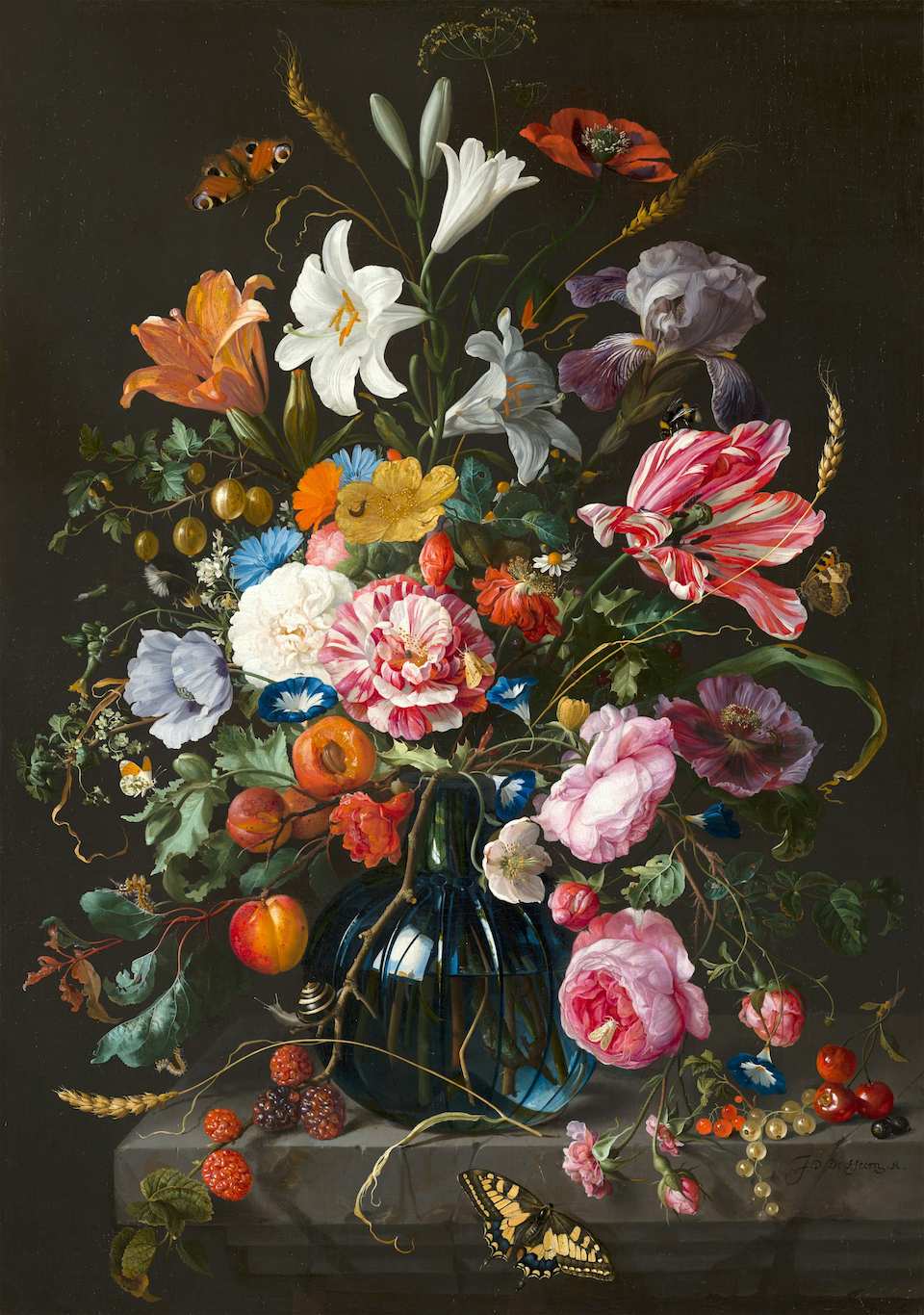 Oil painting of a vase of flowers done in the style of the old Dutch masters. The artist is Jan Davidsz and the painting was painted in 1670. Colorful blooms seem to errupt from a blue glass vase. There is also some fruit on the table including raspberries, cherries, and currants. A yellow and black butterfly appears in the bottom foreground. 