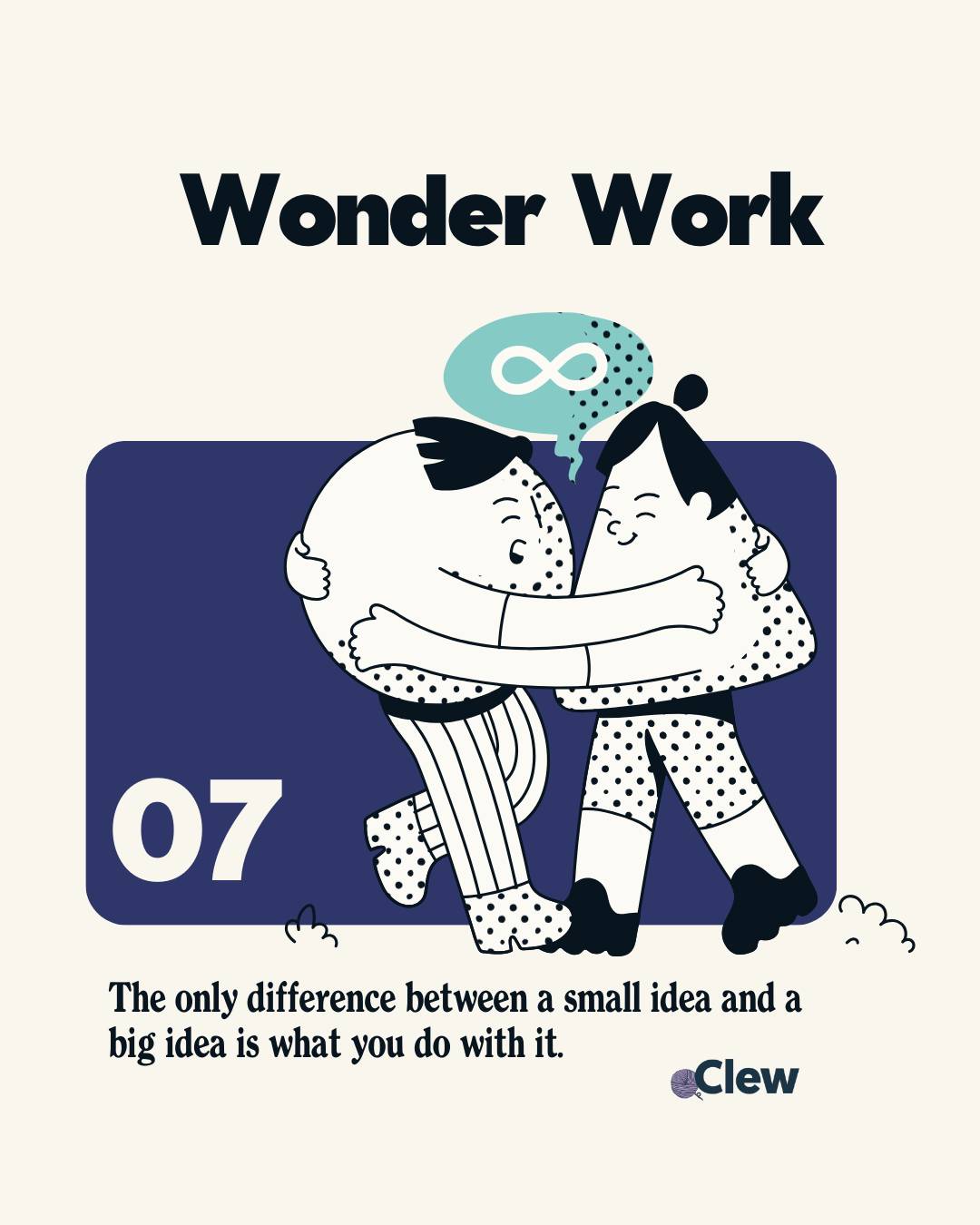 A charming, minimalist illustration featuring two cartoon characters embracing in a warm hug against a deep navy blue background. The characters are drawn in a playful style – one with dotted patterns, the other with stripes – both appearing delightfully 