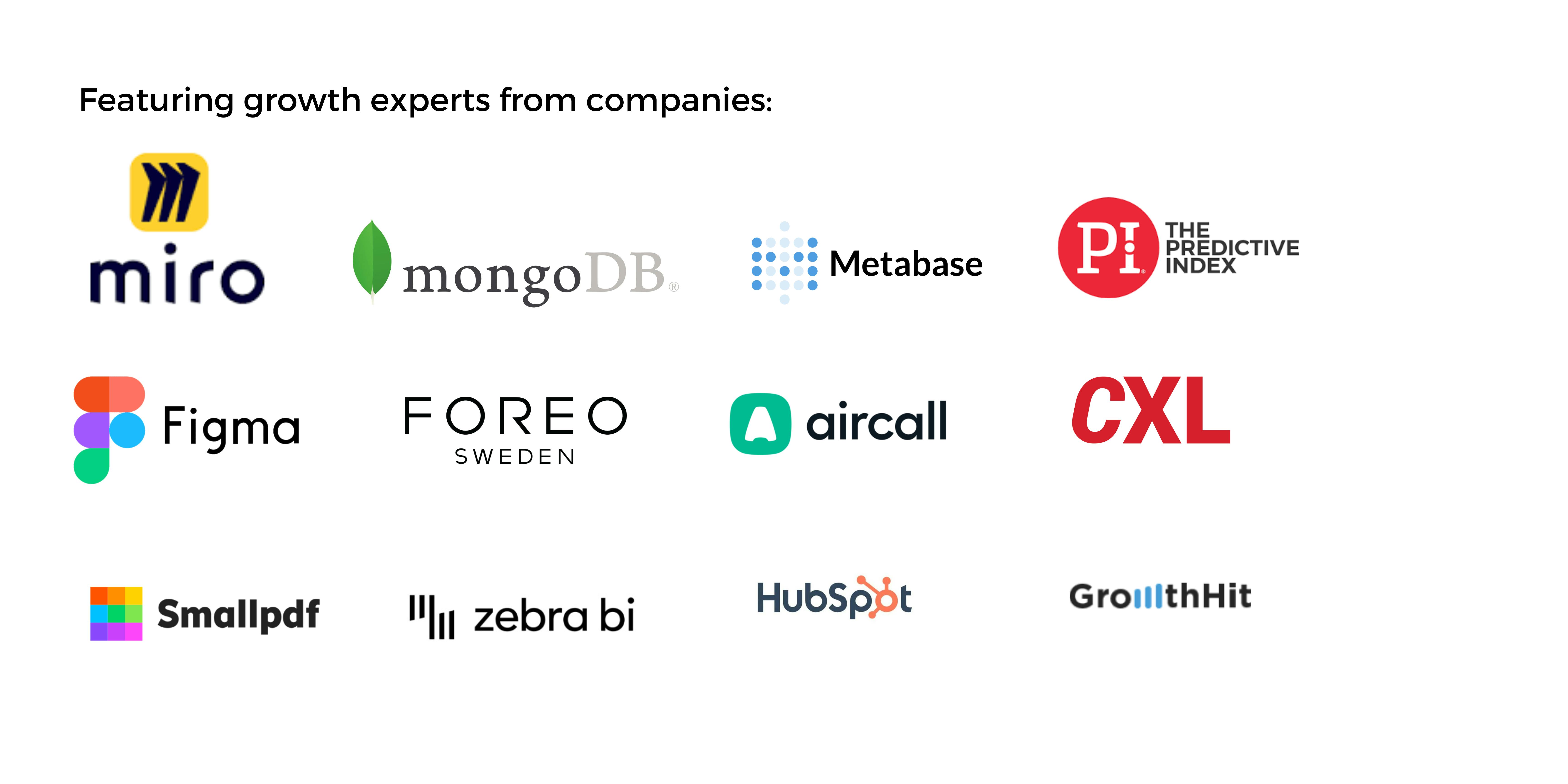 Featuring growth experts from Miro, Figma, Smallpdf, mongoDB, Foreo, Zebra BI, Metabase, Aircall, Hubspot, CXL, GrowthHit