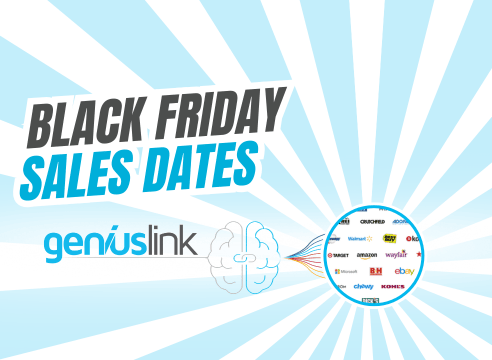 Graphic with a light blue radial striped background. Bold text reads "Black Friday Sales Dates" in black and blue. Below is the "geniuslink" logo featuring a stylised brain with coloured lines connecting it to a circular cluster of retail logos, including