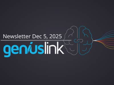 Geniuslink newsletter graphic dated December 5, 2025, featuring the Geniuslink logo alongside an abstract illustration of a brain connected by a central link, with colorful lines extending outward on a dark background.