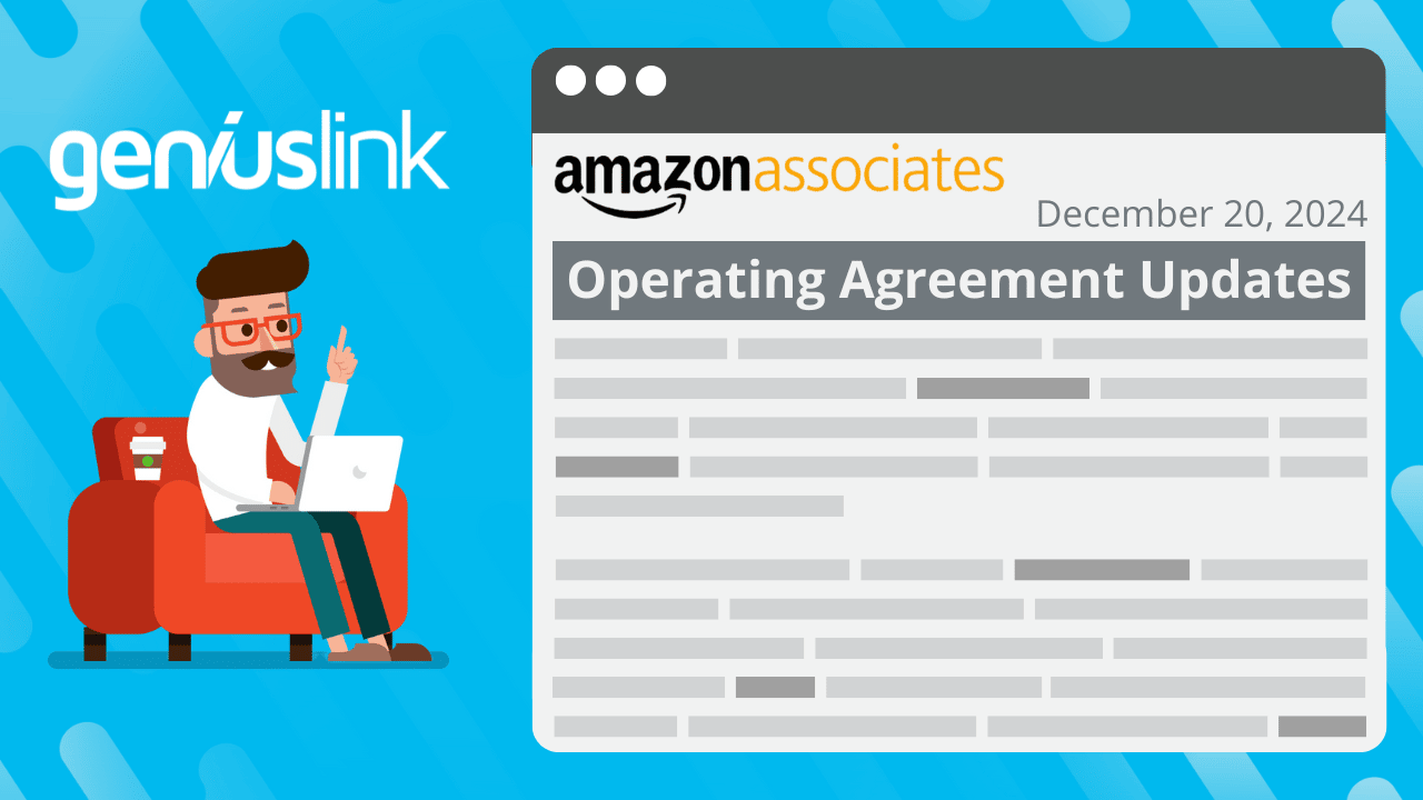 Illustration of a man with glasses and a beard sitting on a red chair, working on a laptop with a coffee cup beside him. To the right, a browser window displays the heading "Amazon Associates Operating Agreement Updates" with the date "December 20, 2024" 