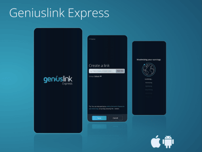 Promotional image for Geniuslink Express mobile app showing three app screens. The first screen displays the Geniuslink Express splash screen with logo. The second screen shows a ‘Create a link’ interface for entering a URL and selecting a group. The thir