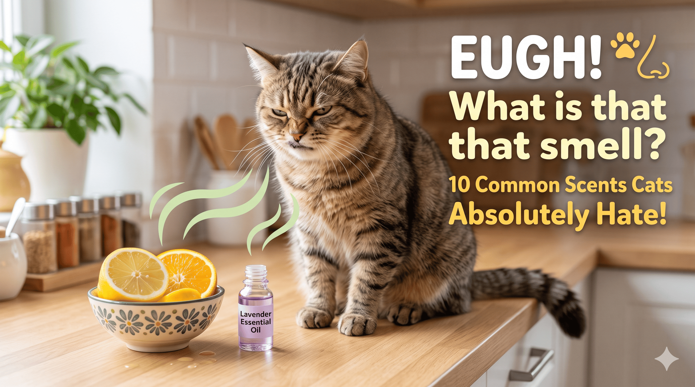 Tabby cat sitting on the counter next to a bowl of lemons and disgusted by the smell.