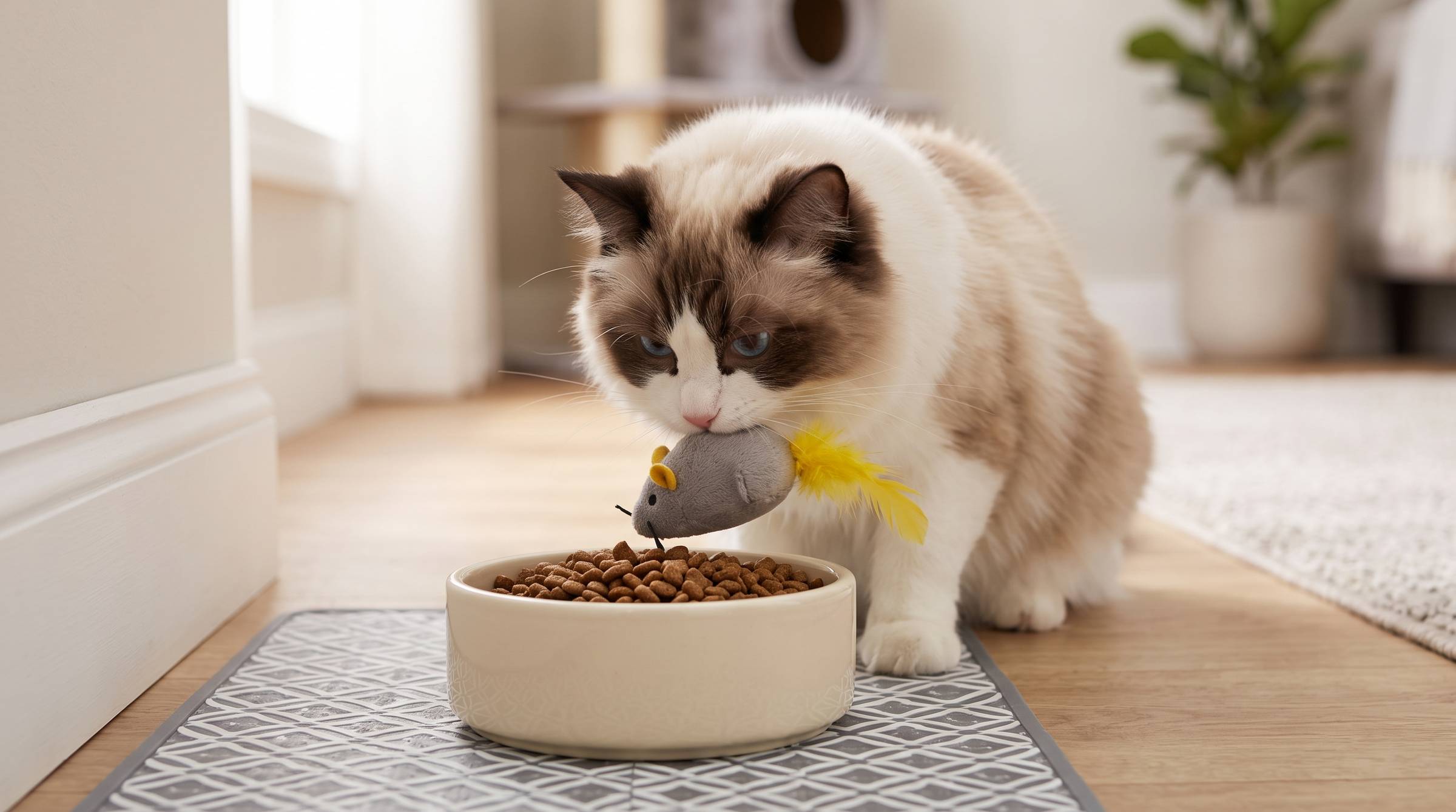 A Ragdoll cat holding a toy mouse over its food bowl.