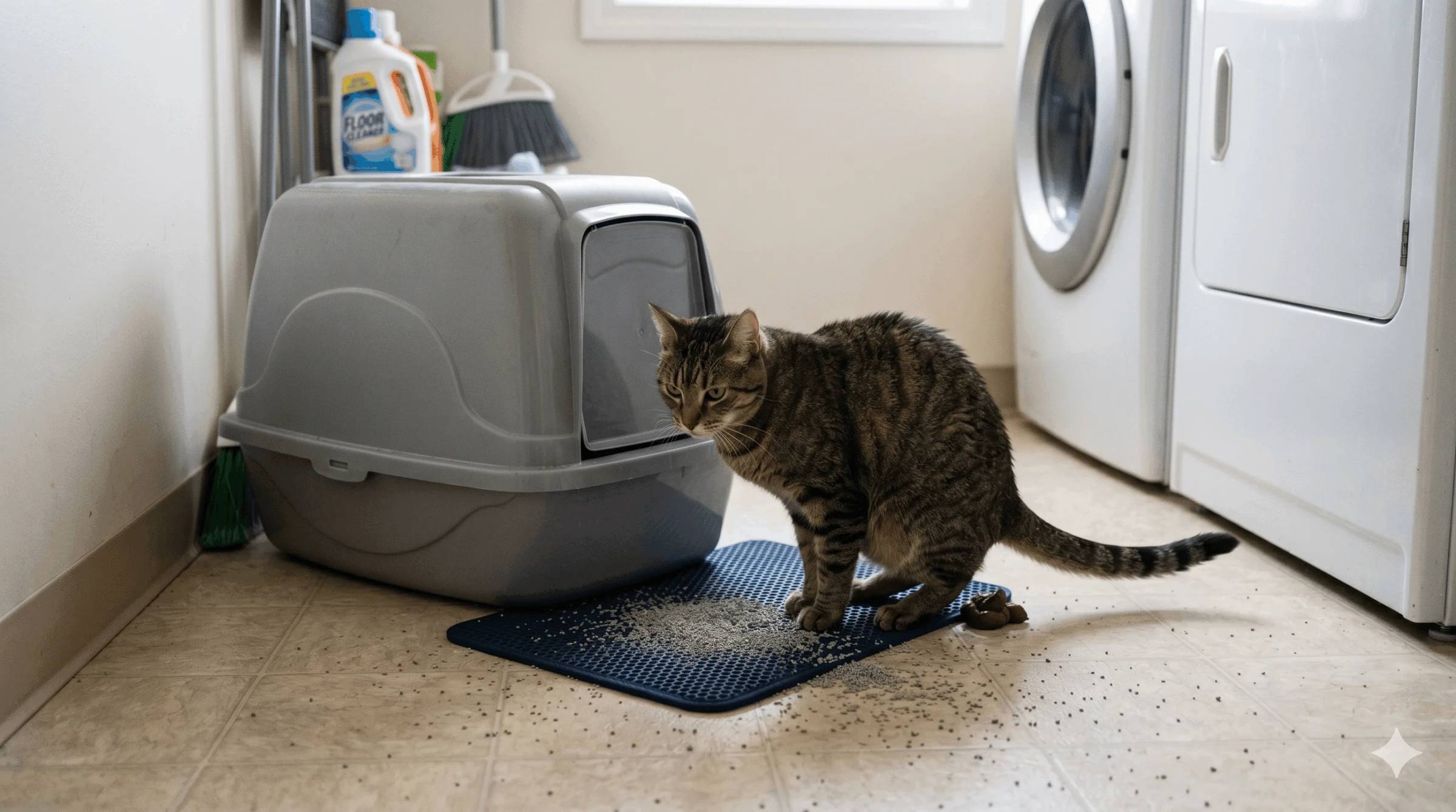 Tabby cat pooping just outside the litter box