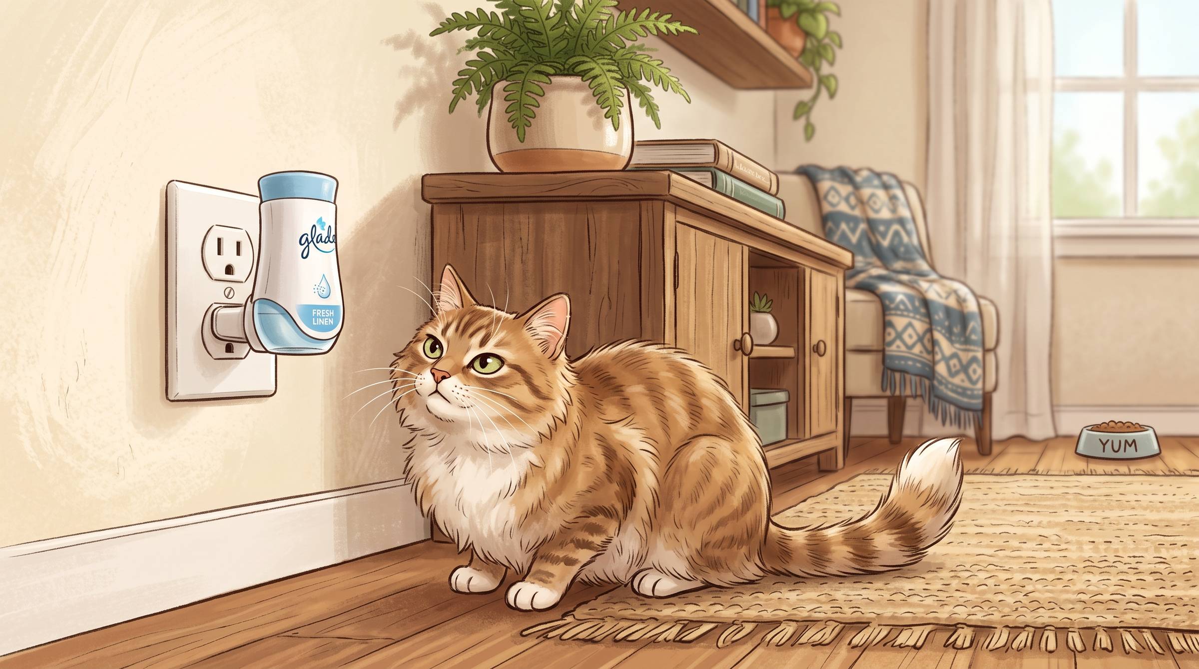 Cat knelt down by a toxic plug-in air freshener.