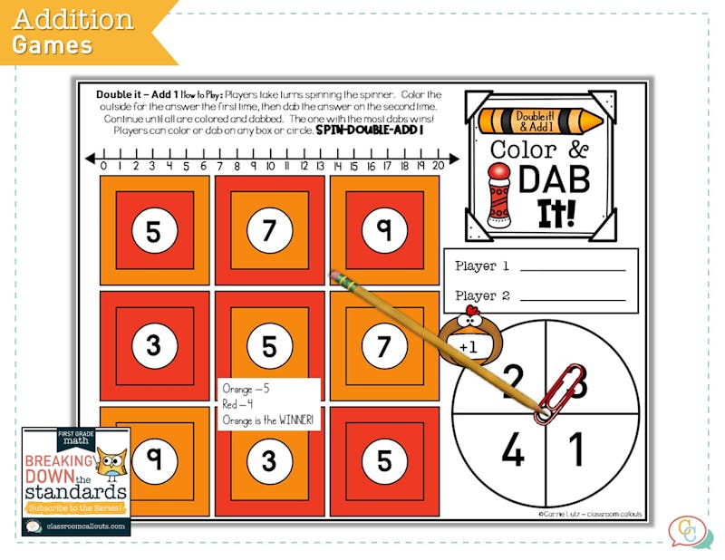 First Grade Addition Strategies Free Color and Dab Game for Addition Doubles and Doubles Plus One Click image to download