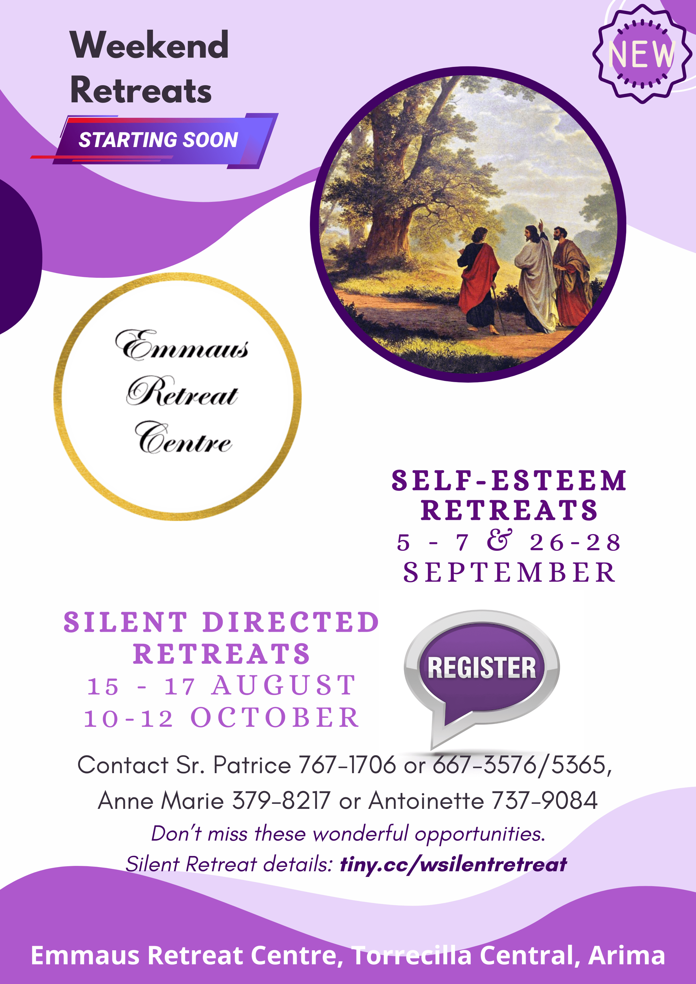 Image is a flyer showing retreats happening soon at Emmaus Retreat Centre in August and September 2025