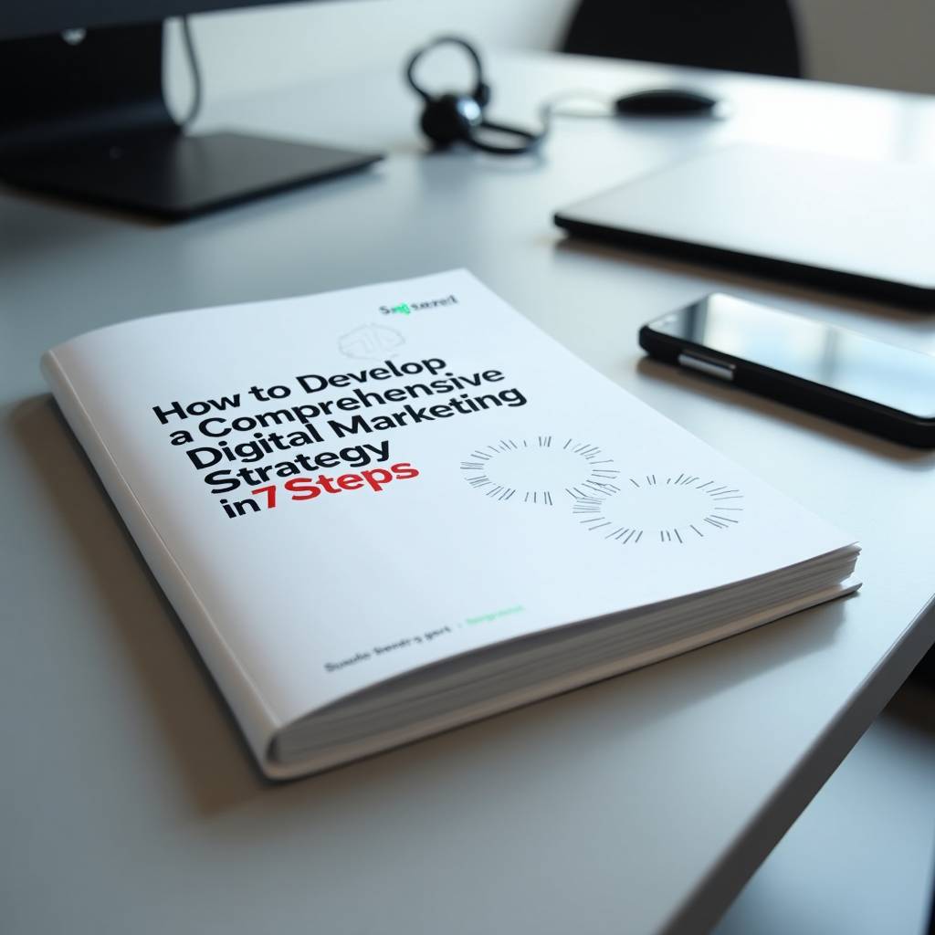 booklet titled how to develop a comprehensive digital marketing strategy in 7 steps on desk