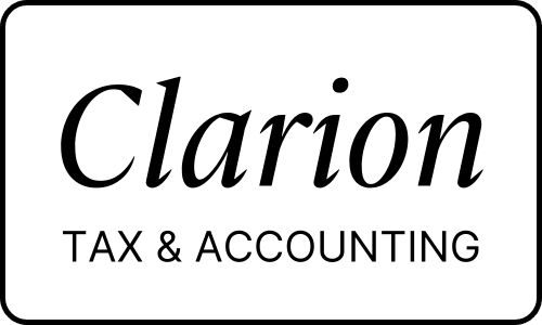 Clarion Tax & Accounting logo featuring the word "Clarion" in a bold serif font and "Tax & Accounting" in smaller capital letters beneath it, enclosed in a rectangular border with a white background.