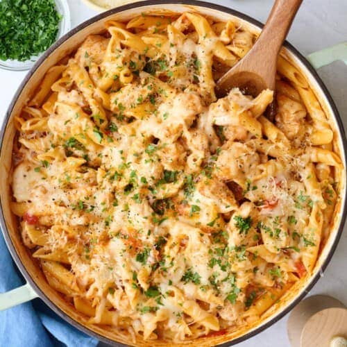Easy chicken parmesan pasta recipe for back to school dinner ideas.