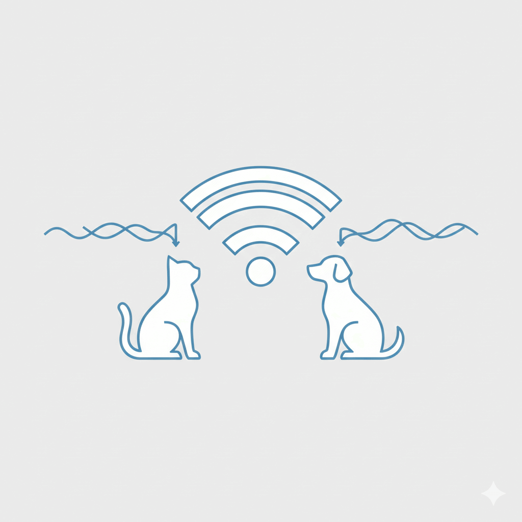 a cat and a dog connecting to a Wi-Fi signal. 