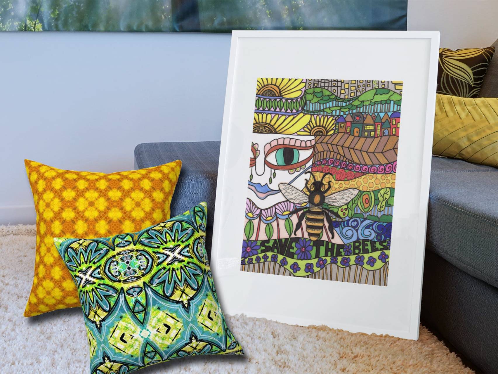 insitu save the bees poster with colorful pillows