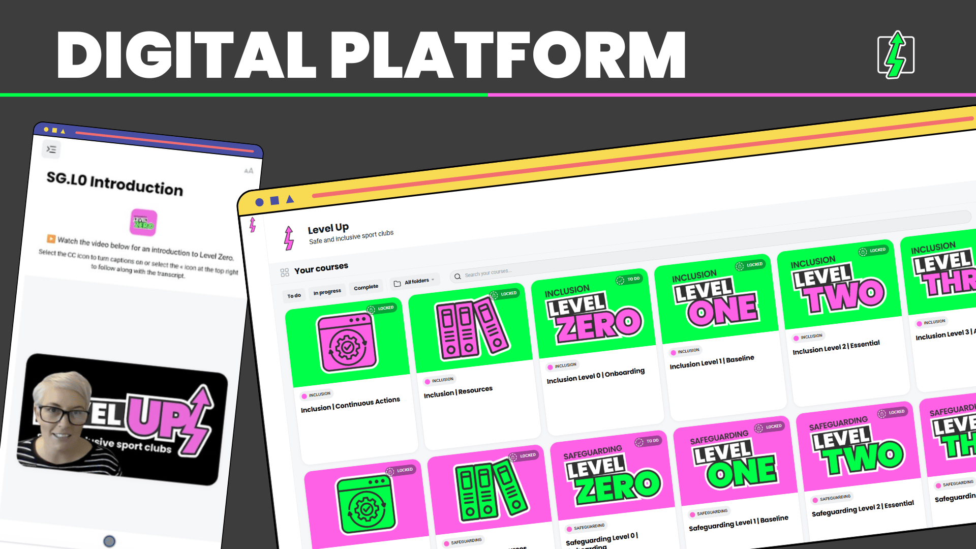 MOckups of the Level Up platfrom on a mobile screen size and a desktop screen size.