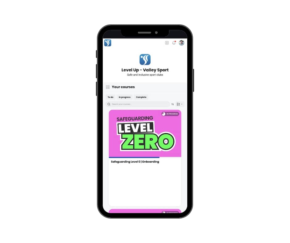 Mockup of the LEvel Up platfomr branded for Valley Sport on a mobile device.