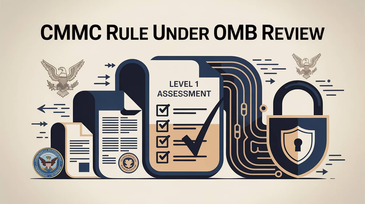 CMMC OMB Review blog cover showing Level 1 SPRS self?assessment, cybersecurity padlock, and DoD compliance visual elements.