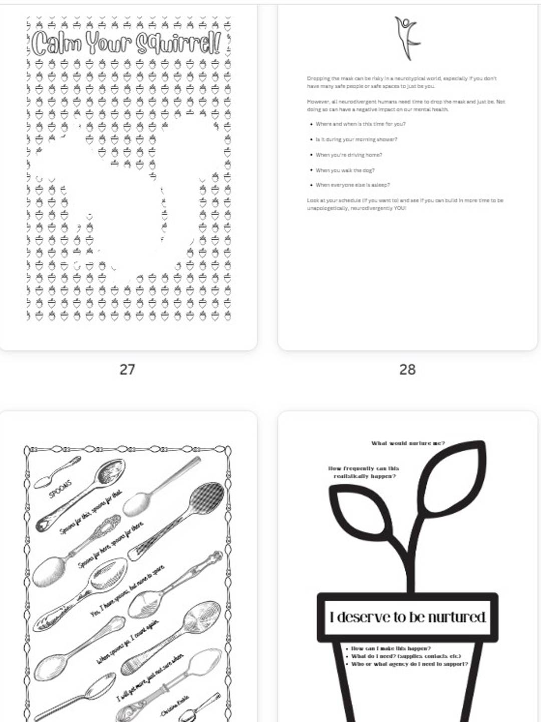 A screen shot of 4 pages in the colouring book. You can't read the text. You can see a relief  image of a squirrel, a page with multiple spoons and a pot with a plant growing. 
