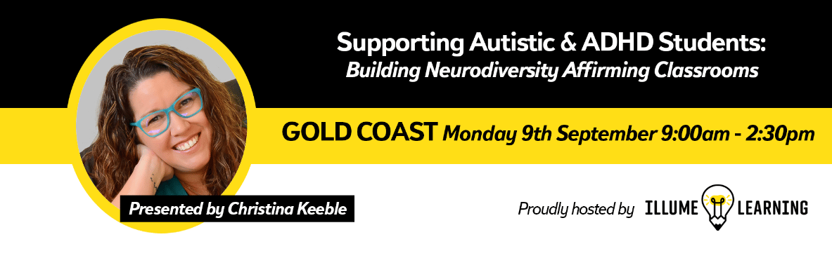 An image of Christina Keeble holding a microphone in her hand and smiling. White background with a teal frame. The text in black reads: Demand Avoidance - Autism, PDA and ADHD. Below that is an image of a rainbow infinity symbol. Below that the black text reads: 15 February 2024. 5:30pm-8:30pm AEDT, UTC+11. The live webinar will be recorded for ticket holders. A banner in red across the left hand corner of the image with white text reads: Webinar.