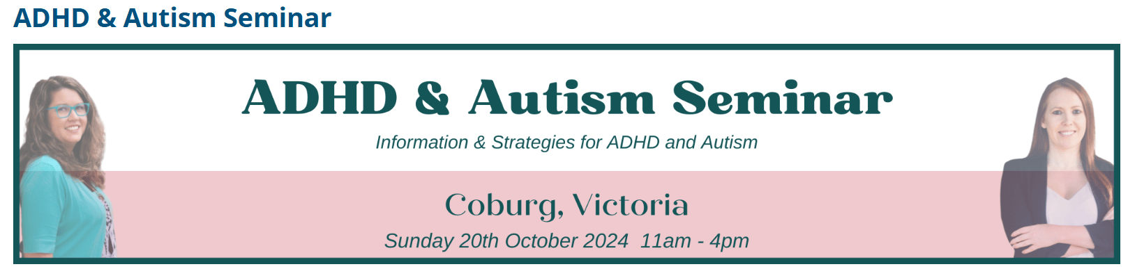 An image of Christina Keeble holding a mic in her hand and smiling. White background with teal border. Black text reads: Demand Avoidance - Autism, PDA and ADHD. Geelong West Town Hall. 9 March 2024. 11am-3pm. A red banner across the left corner of the image with white text reads: Geelong. 