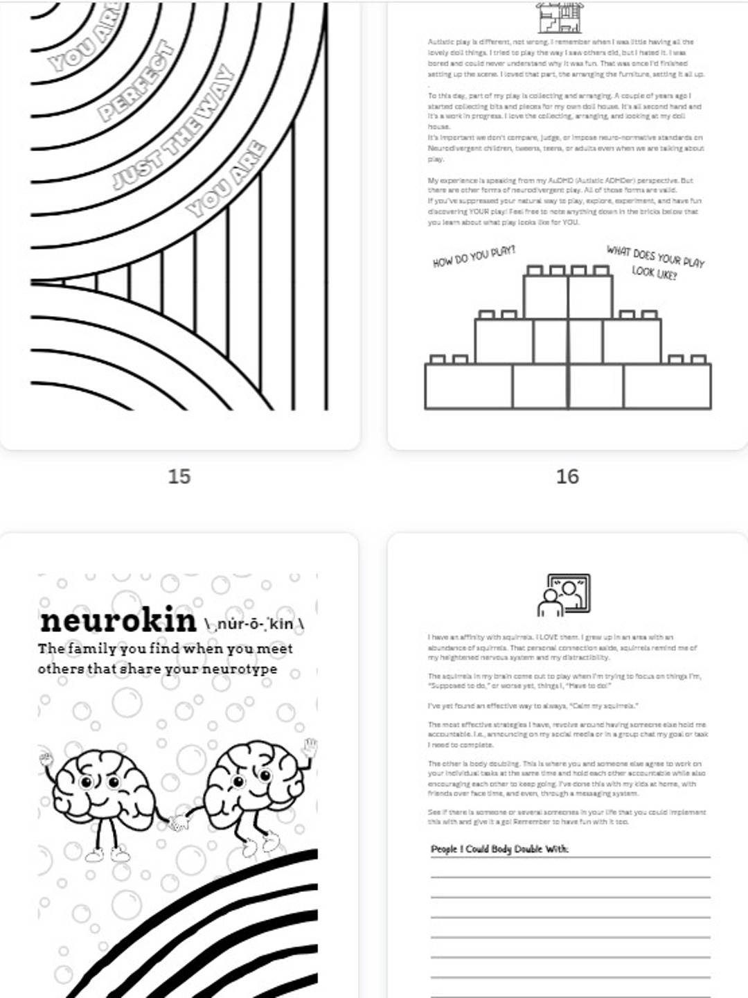 A screen shot of 4 pages in the colouring book. You can't read the text. You can see building blocks, 2 brain characters holding hands over a rainbow and stripes curving in opposite directions. 