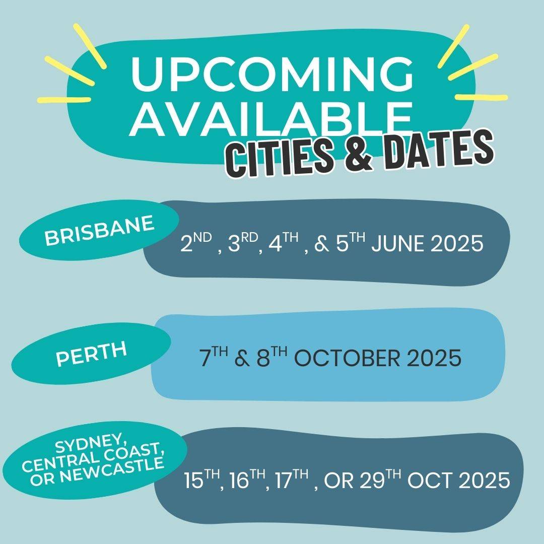 Image on a soft teal background that reads: Upcoming Available Cities & Dates for Brisbane, Perth, Sydney, Central Coast, and Newcastle