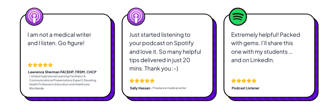 3 squares with written podcast testimonials