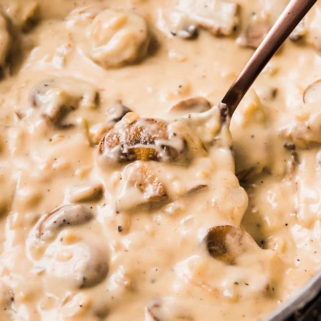 A pan of mushroom sauce.