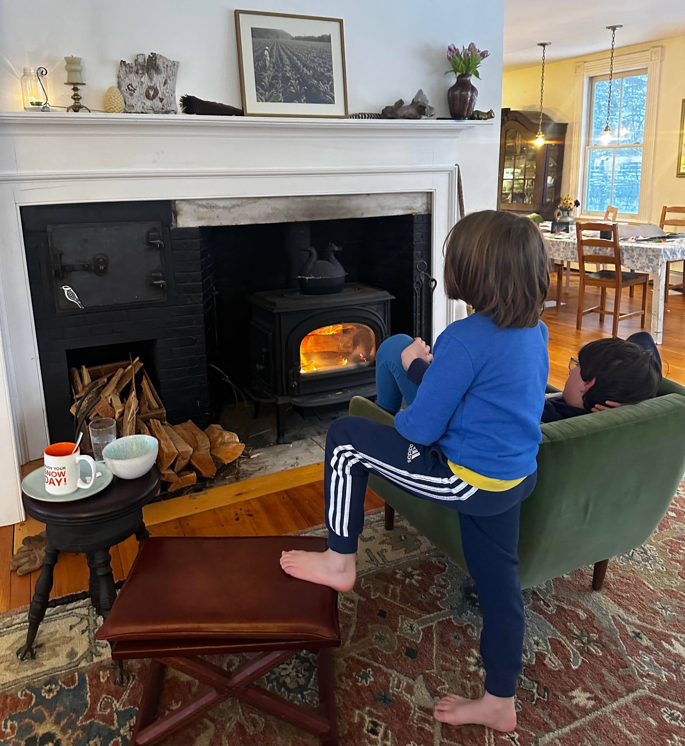 two kids gaze at a fire inside a woodstove