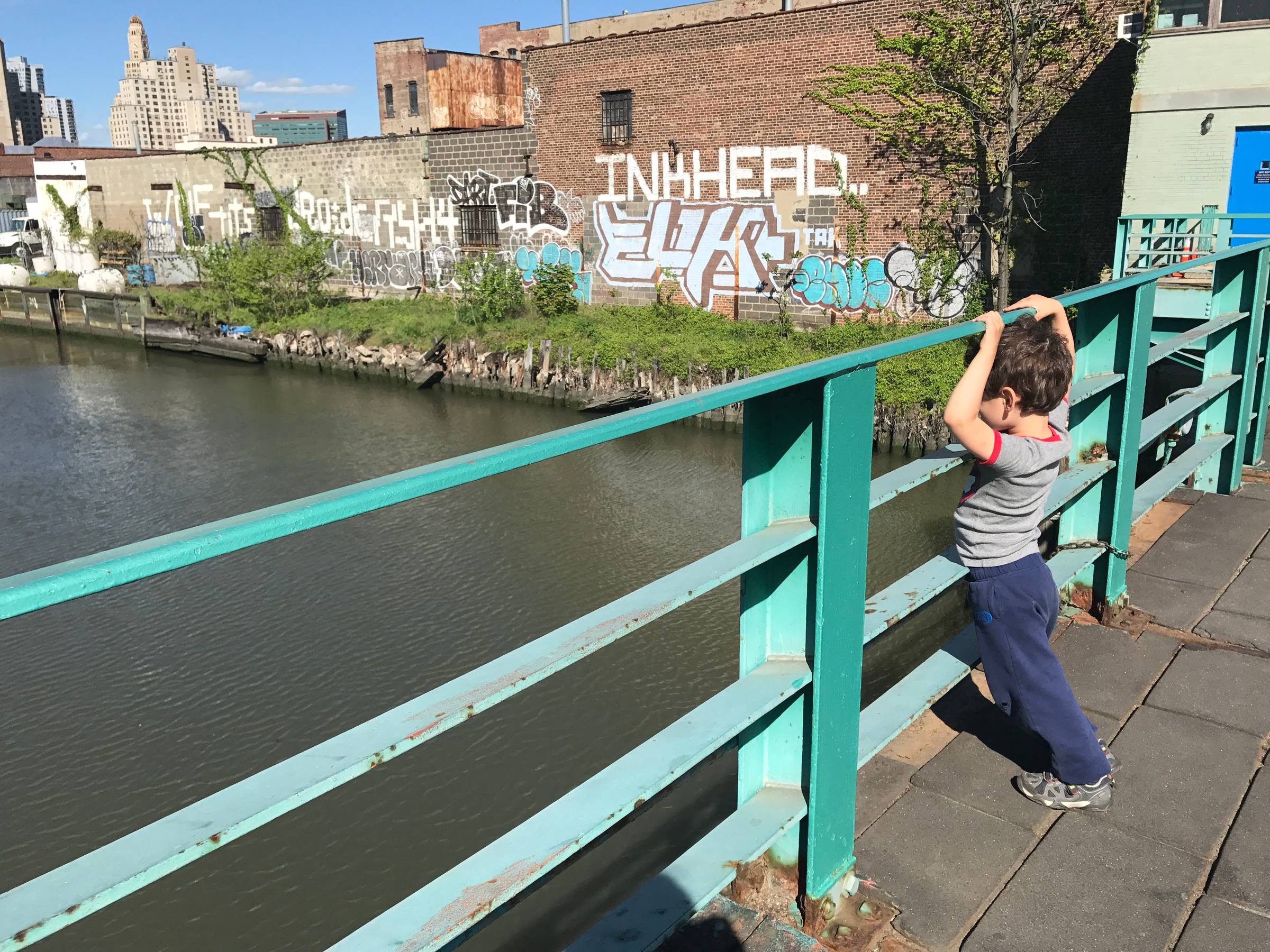 a young child gazes at the Gowanus canal