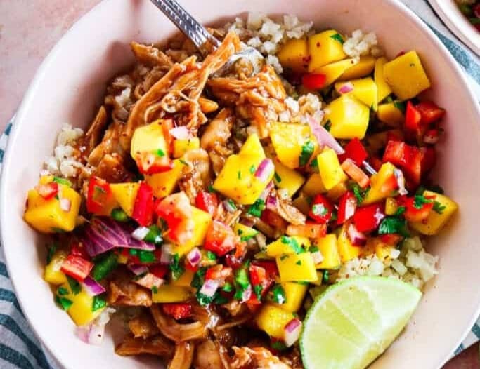 bbq chicken bowls with rice and mango salsa 