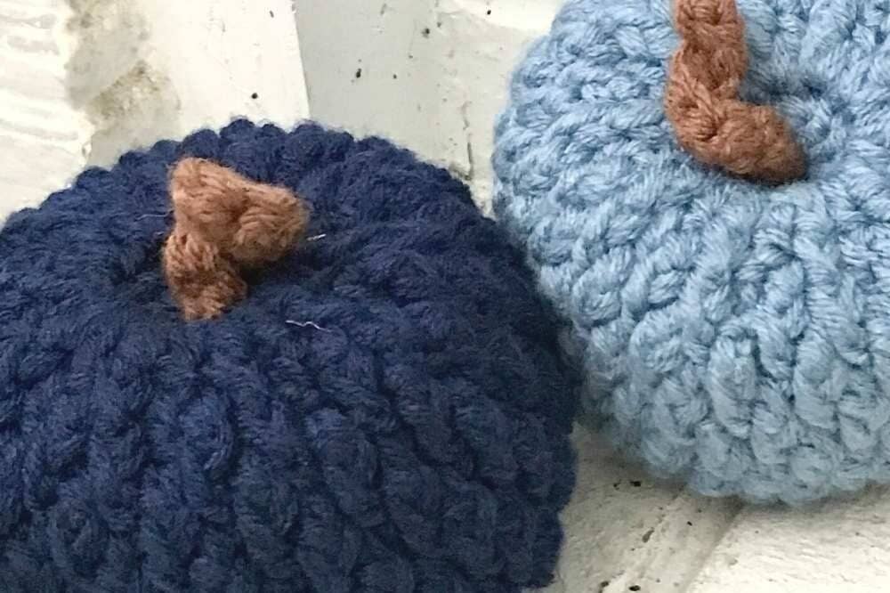 Blue crochet pumpkin plushes