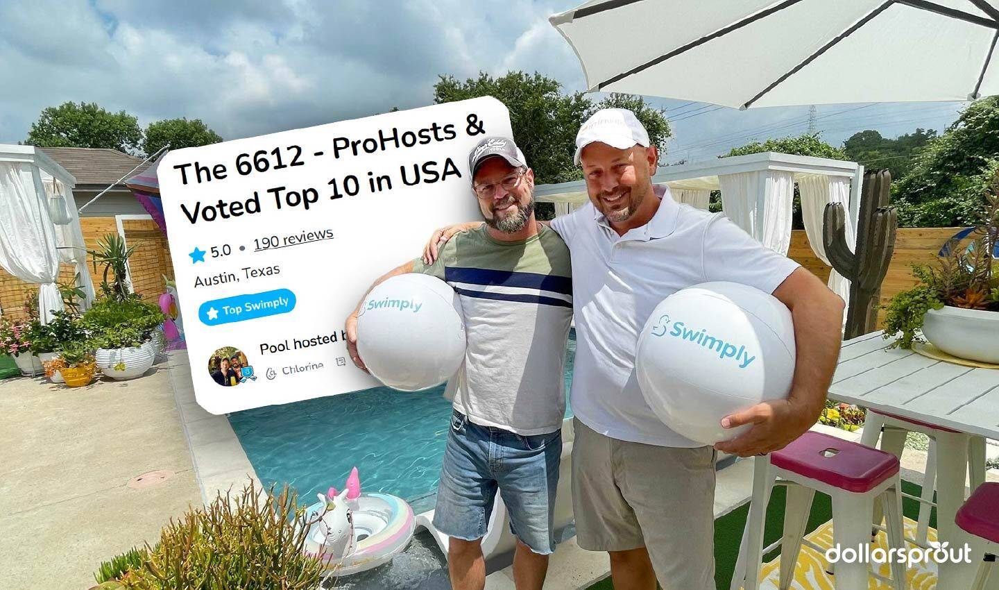 Crail and Joey, Swimply hosts of The 6612 in Austin, standing by their pool holding Swimply beach balls, with a Top 10 USA listing badge in the background