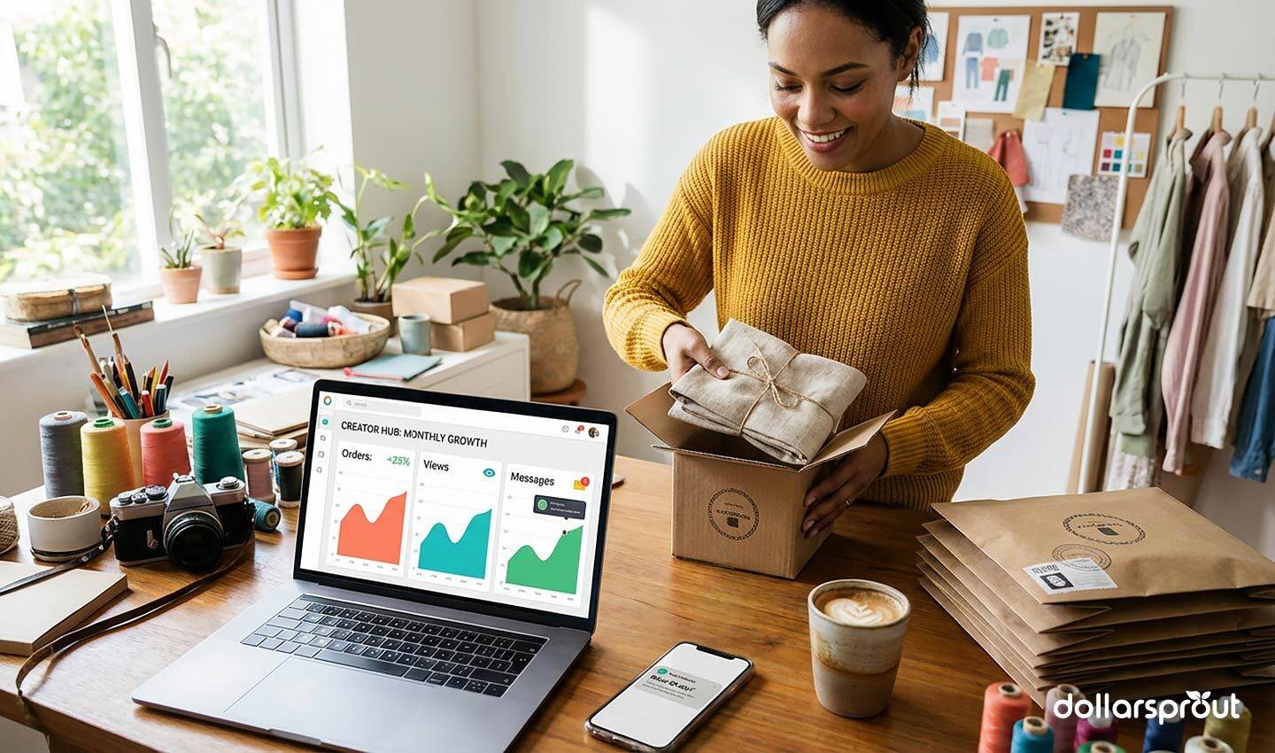 Woman in a bright home studio packaging handmade products for shipment, with a laptop showing order and sales growth charts beside her.