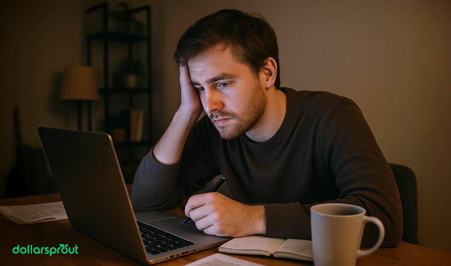 A tired man sits at his desk late at night, staring at his laptop with a cup of coffee nearby — representing the burnout many side hustlers feel after long hours of extra work.