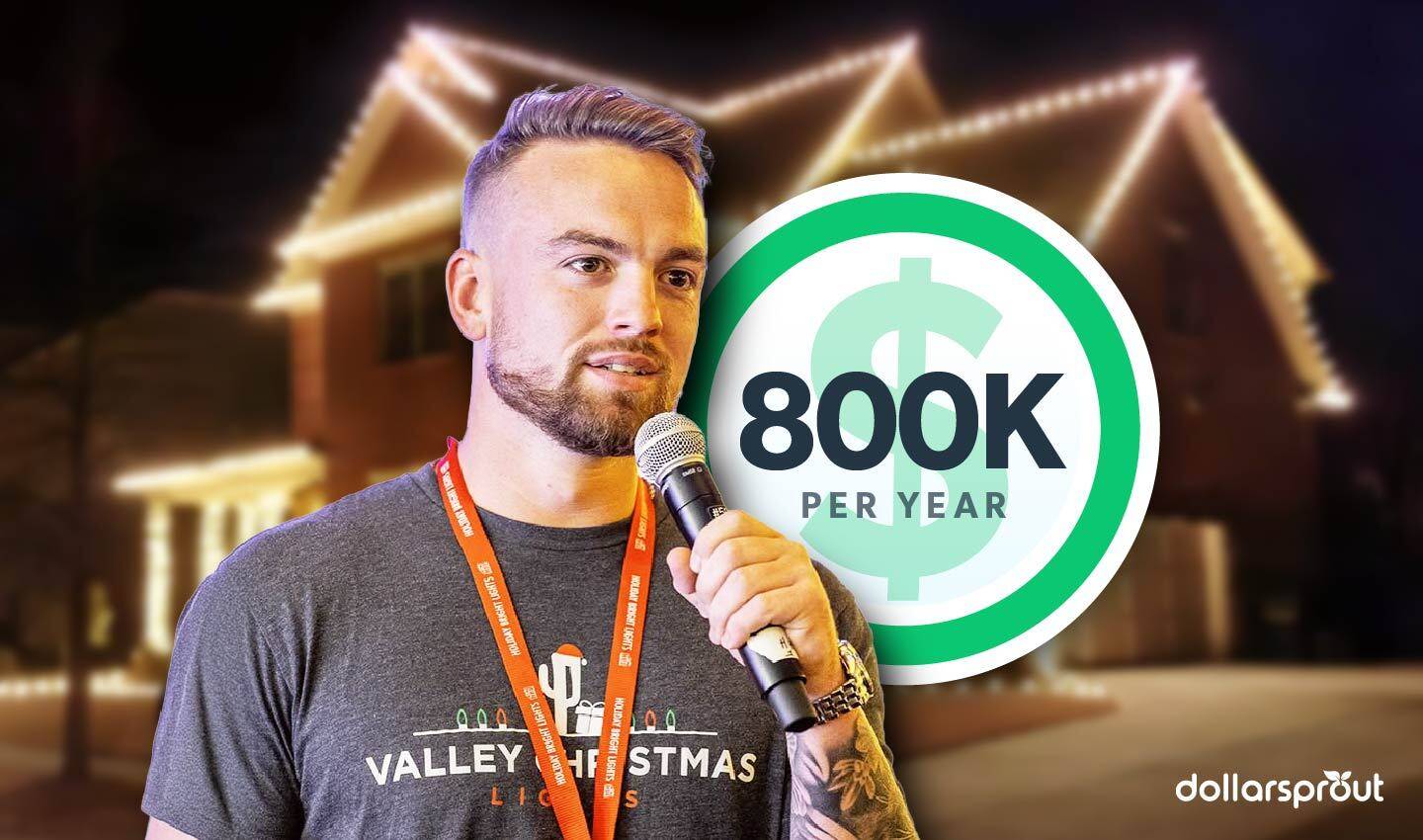 Steve Hunsaker, founder of a seasonal light-hanging side hustle, speaks into a microphone while wearing a Valley Christmas Lights t-shirt. A house lit with holiday lights glows in the background.