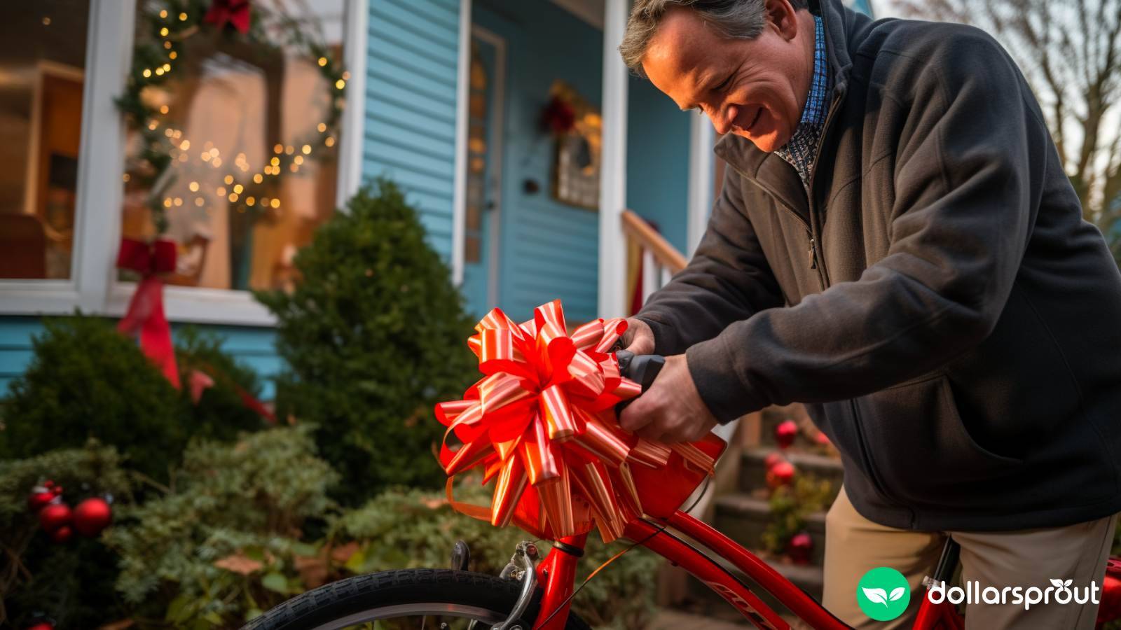 Man securing a large red bow onto a new bicycle on a decorated front porch, preparing a Christmas gift.