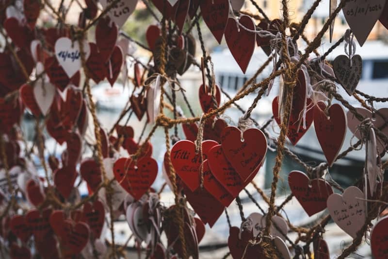 Heart-shaped decorations hang from branches with notes.