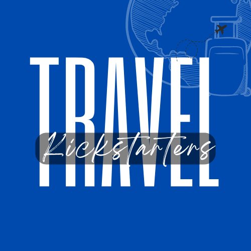 Travel Kickstarter logo of a suitcase, laptop, and plane.