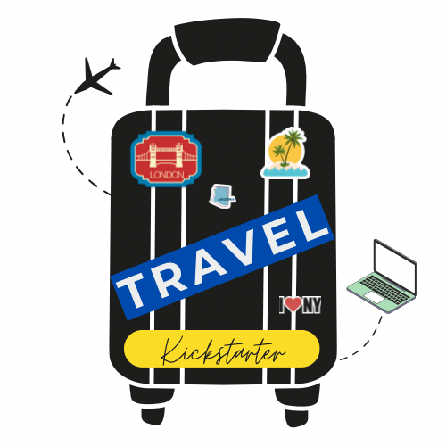 Travel Kickstarter logo of a suitcase, laptop, and plane.