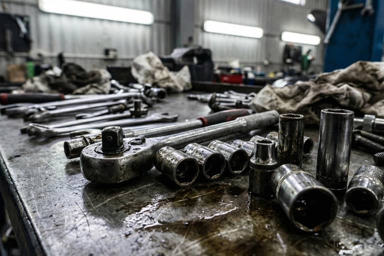 Assorted mechanical tools and tarts on grimy workbench in workshop