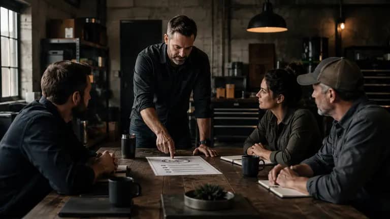 A small-business owner leads a focused team discussion around a mission statement in a light industrial workspace.