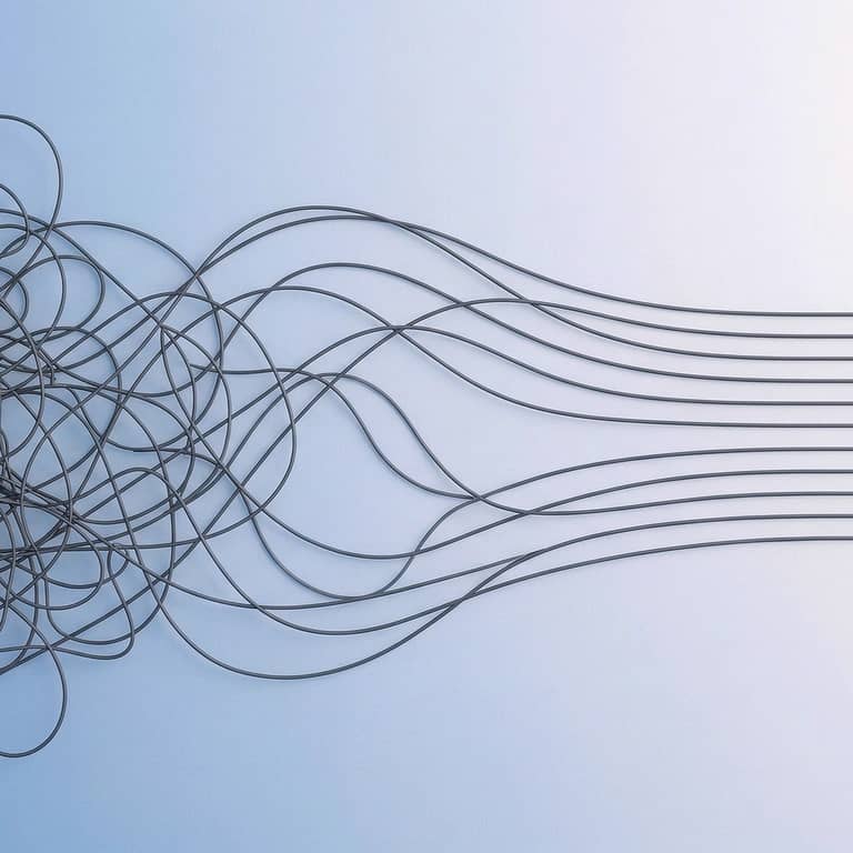 a wad of string moving from tangled chaos to ordered and organized
